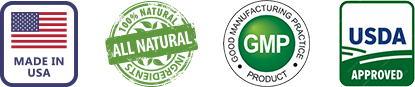 Certification logos Made in USA, All Natural, GMP, USDA Approved
