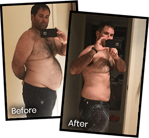 Before and after images of a man showing weight loss transformation